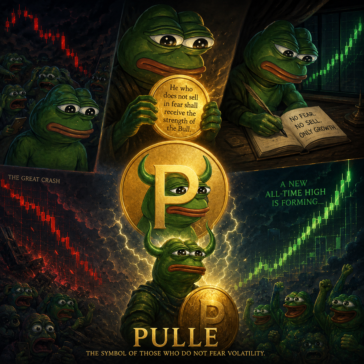 The legend of PULLE: panicking Pepes in the crash, the golden coin of the Bull, and a calm Pepe as a new all-time high forms